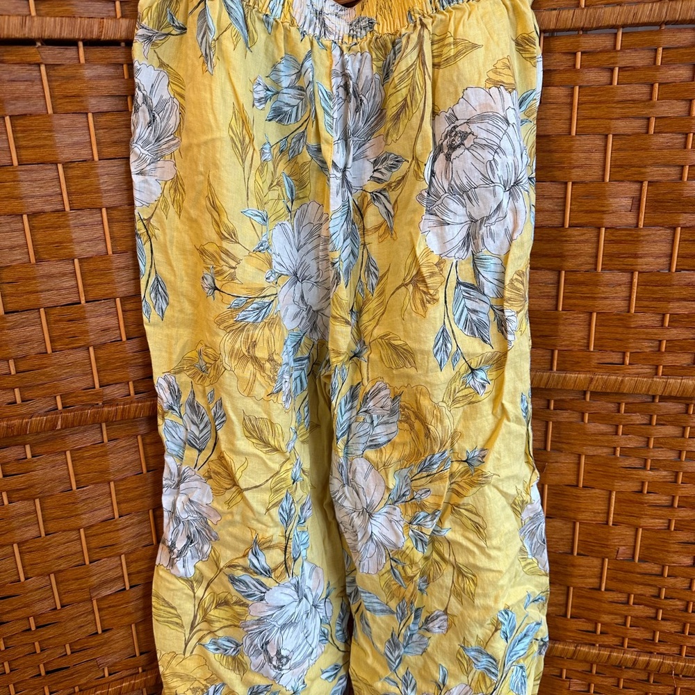 Butter Yellow floral Pants with light green and white accents.